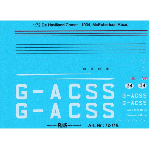 De Havilland Comet 1934 (McRobertson) - decals, skala 1/72