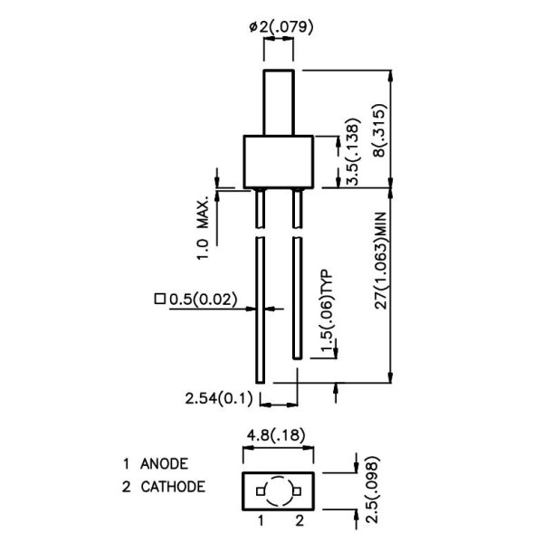 LED 2 mm, Gul - fladt hoved
