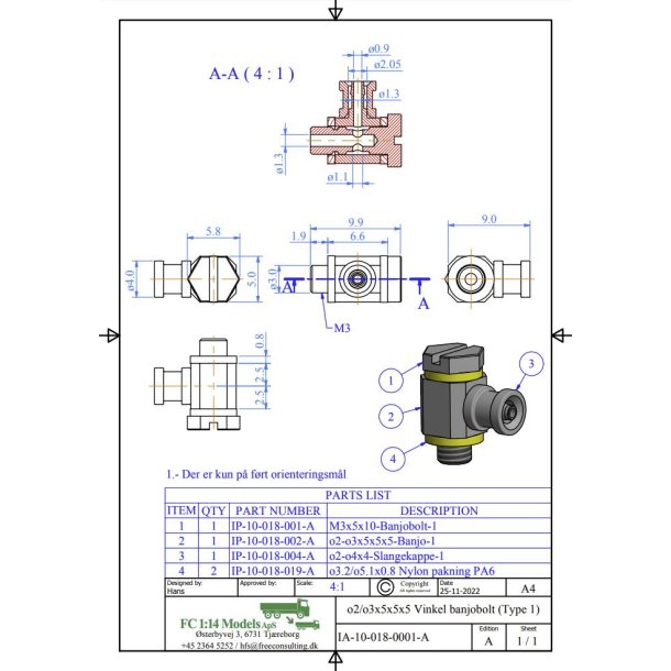 Banjo-nippel komplet 2 / M3, st med 5 stk.