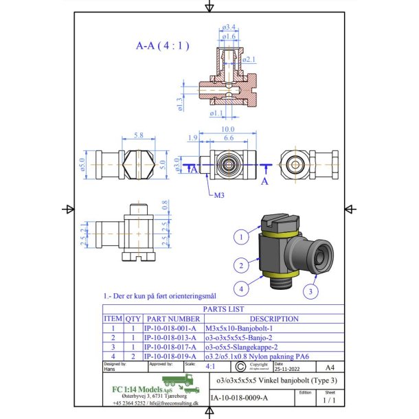 Banjo-nippel komplet 3 / M3, st med 5 stk.