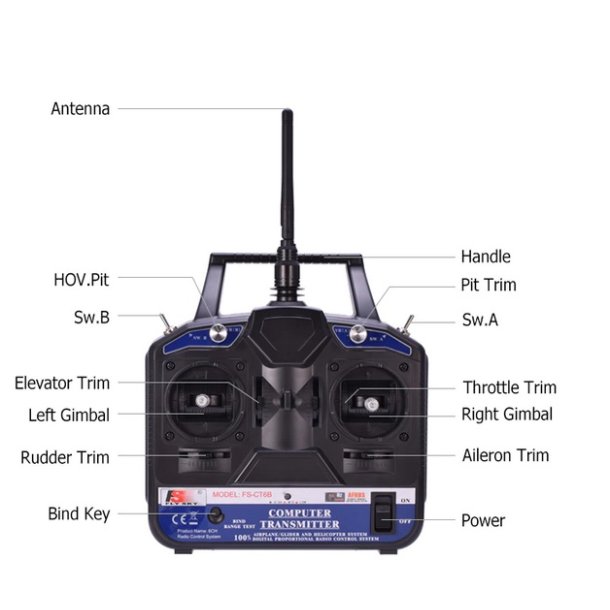 FlySky FS-CT6B 6-kanals radiosender 2,4 GHz Mode 2 med FS-R6B modtager