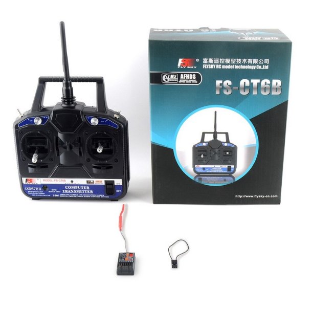 FlySky FS-CT6B 6-kanals radiosender 2,4 GHz Mode 2 med FS-R6B modtager