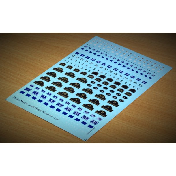 Husnumre i forskellige designs. Decals i diverse skalaer