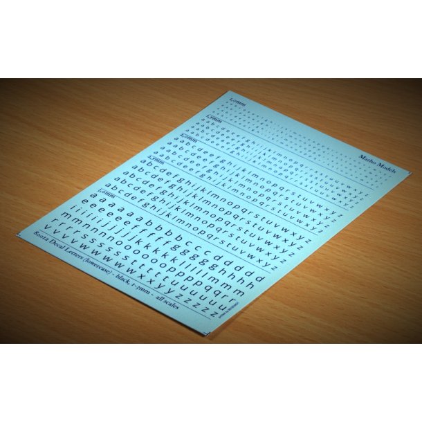 Bogstaver (sorte) i strrelse 1,0 - 3,0 mm (sm). Ark med decals
