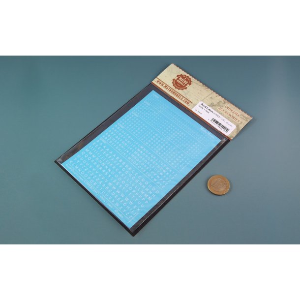 Bogstaver (hvide) i strrelse 1,0 - 3,0 mm (STORE). Ark med decals