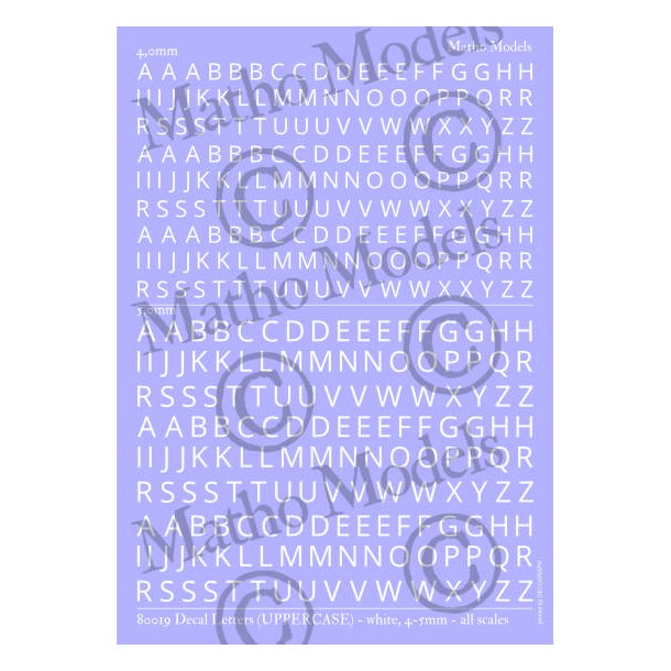 Bogstaver (hvide) i strrelse 4,0 - 5,0 mm (STORE). Ark med decals