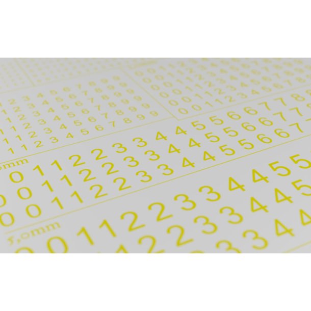Tal (gule) i strrelse 1,0 - 6,0 mm. Ark med decals