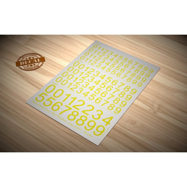 Tal (gule) i strrelse 8,0 - 15,0 mm. Ark med decals