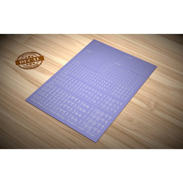Tal (hvide, kridt) i strrelse 1,0 - 6,0 mm. Ark med decals