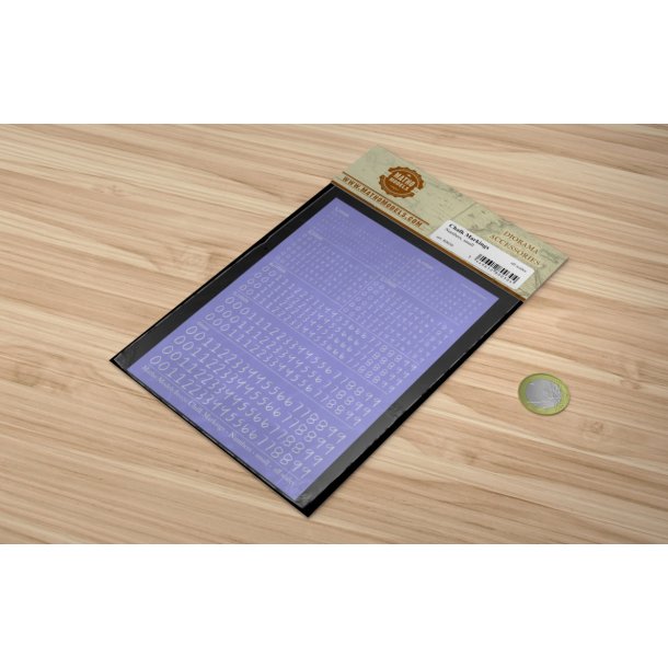 Tal (hvide, kridt) i strrelse 1,0 - 6,0 mm. Ark med decals