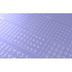Tal (hvide, kridt) i strrelse 1,0 - 6,0 mm. Ark med decals