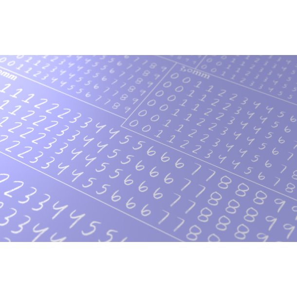 Tal (hvide, kridt) i strrelse 1,0 - 6,0 mm. Ark med decals