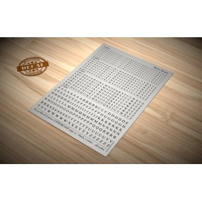 Bogstaver (sorte, type 2) i størrelse 1,0 - 3,0 mm (STORE). Ark med decals