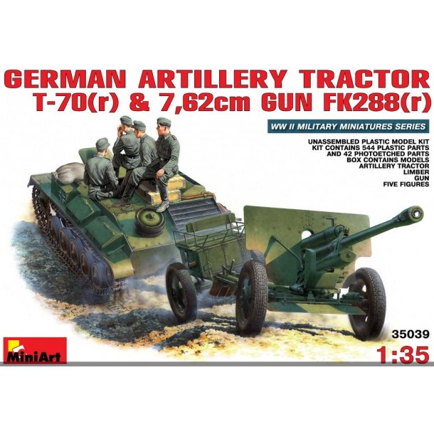 Tysk artilleri-traktor T-70(r) og 7,62cm FK 288(r) med bestning
