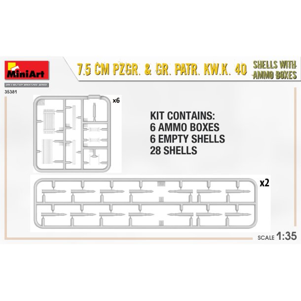 7.5 CM PZGR. &amp; GR. PATR. KW.K. 40 granater med ammo kasser