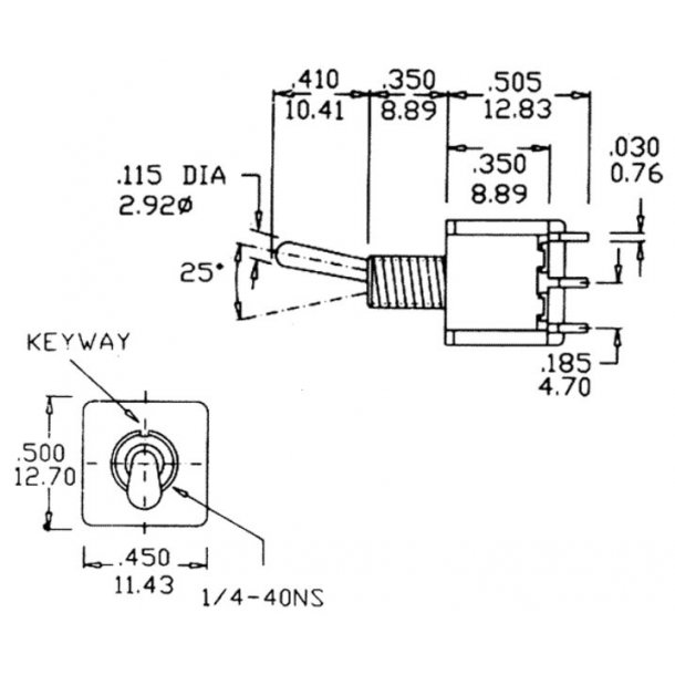 Vippekontakt, 2 poler, ON-ON, 6,5 mm