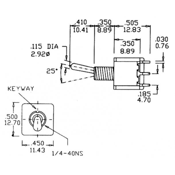 Vippekontakt, 2 poler, ON-OFF-ON, 6,5 mm