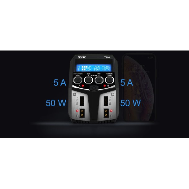 SkyRC T100 DUAL LiPo/LiIon/LiFe/LiHV/NiMH/Pb 5A 2x50W 100-240 V
