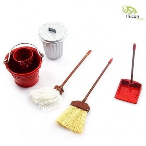 Spande, koste og fejebakke, skala 1/10