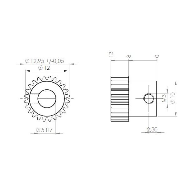 Tandhjul m0,5 13 mm 24 tnder boring 5 mm