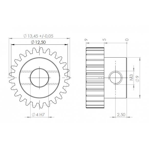 Tandhjul m0,5 13,5 mm 25 tnder boring 4 mm