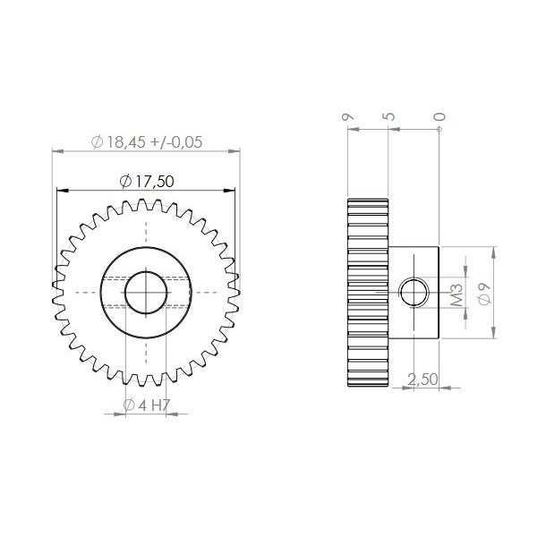 Tandhjul m0,5 18,,5 mm 35 tnder boring 4 mm