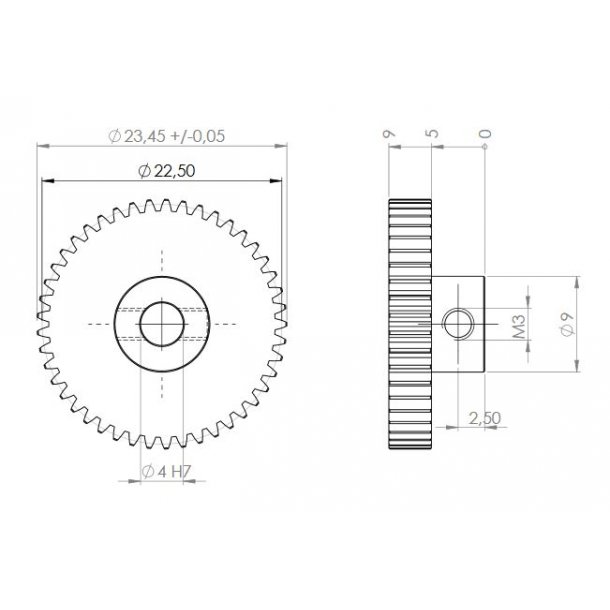Tandhjul m0,5 23,5 mm 45 tnder boring 4 mm