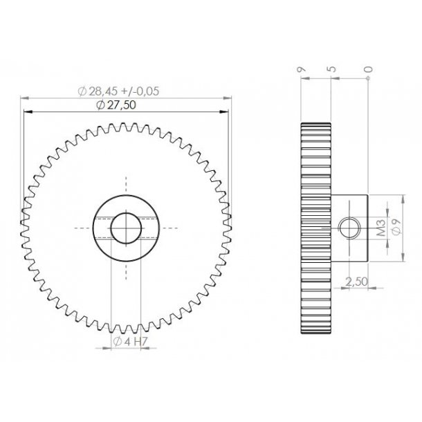 Tandhjul m0,5 28,5 mm 55 tnder boring 4 mm