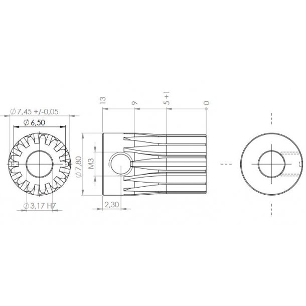 Tandhjul m0,5 7,5 mm 13 tnder boring 3,2 mm
