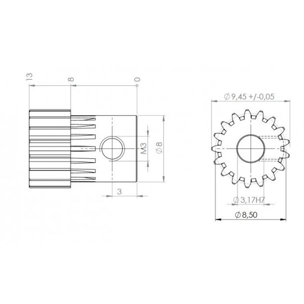 Tandhjul m0,5 9,5 mm 17 tnder boring 3,2 mm