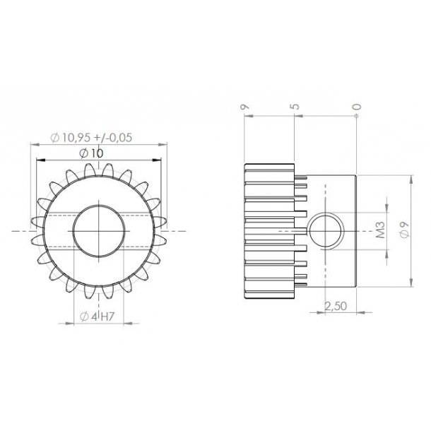Tandhjul m0,5 11 mm 20 tnder boring 4 mm