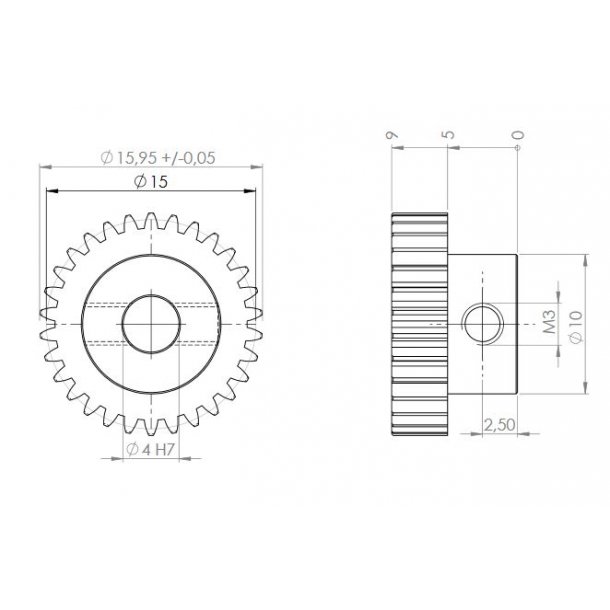Tandhjul m0,5 16 mm 30 tnder boring 4 mm